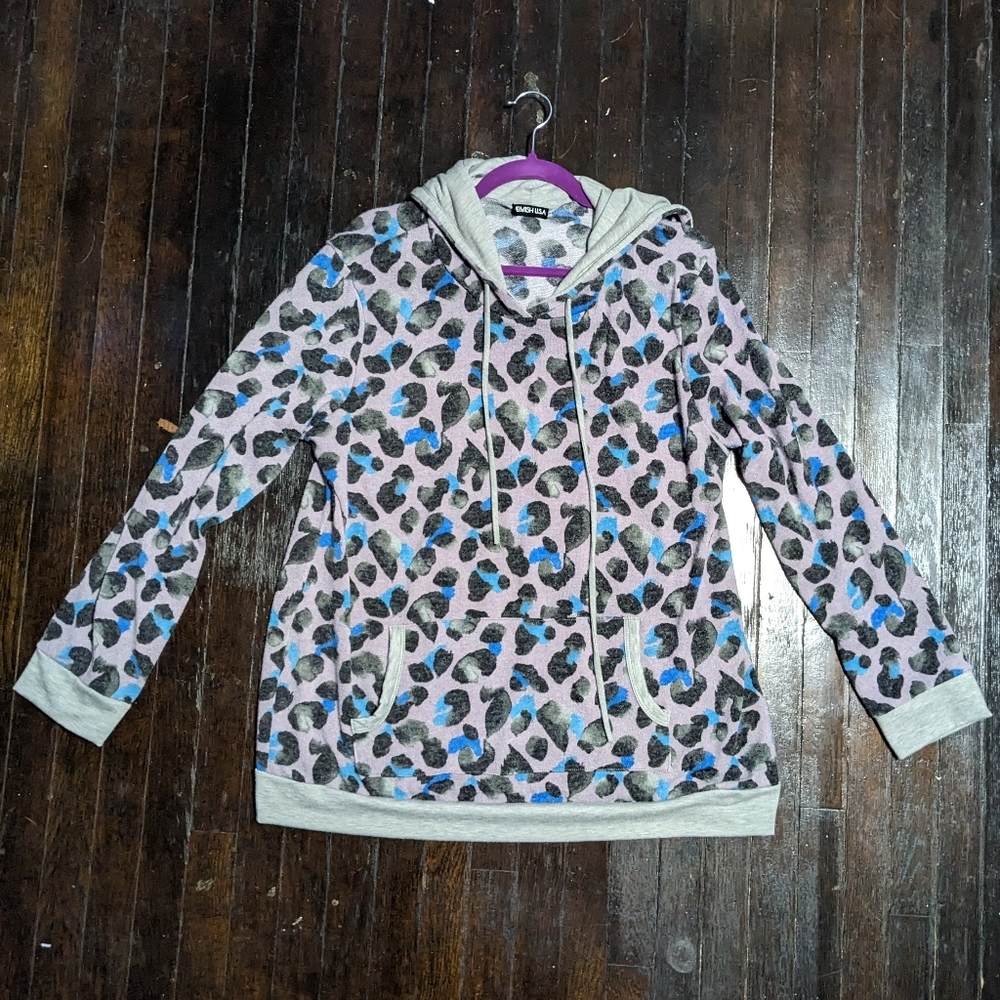 Heimish U.S.A. Light Purple Hooded Draw String Front Pocket Leopard Sweatshirt